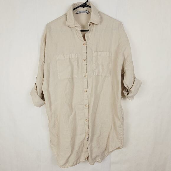 Zara 100% linen natural tan button front oversized shirt XS coastal lagenlook - Picture 1 of 9